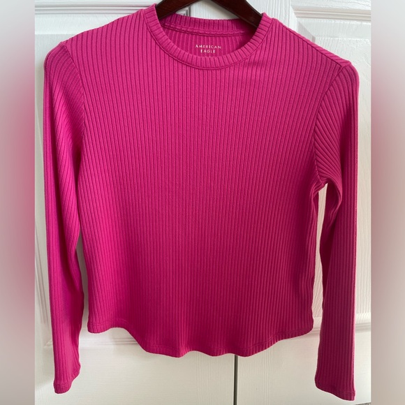 AEO Long-Sleeve Ribbed Crew Neck Tee Pink XS - Picture 3 of 6